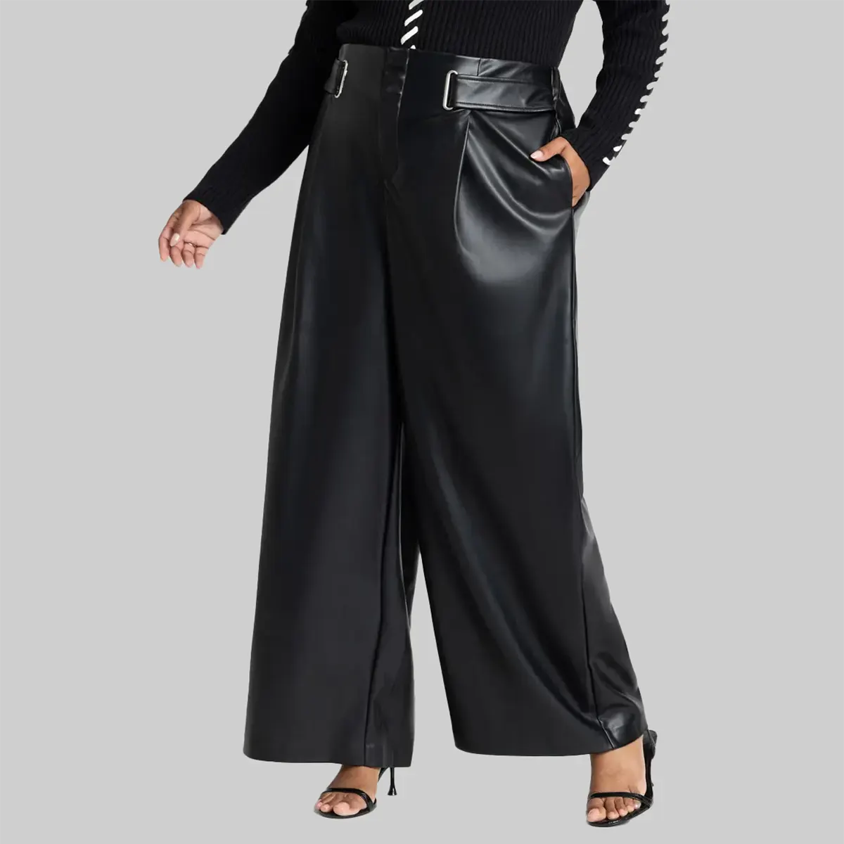 ZERXHIDE Women's Black Leather Wide Leg Belted Pants – High Waist D-Ring Belt with Front Pleat in Black ZerxHide
