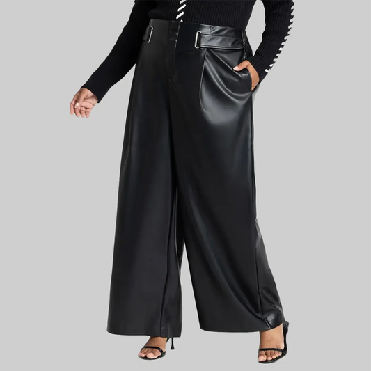 ZERXHIDE Women's Black Leather Wide Leg Belted Pants – High Waist D-Ring Belt with Front Pleat in Black ZerxHide