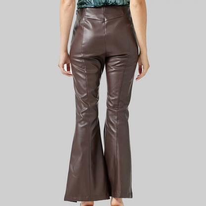 ZERXHIDE Women's Brown Leather Flare Pants – High Waist Seam Panel with Front Slit Hem in Chocolate Brown ZerxHide