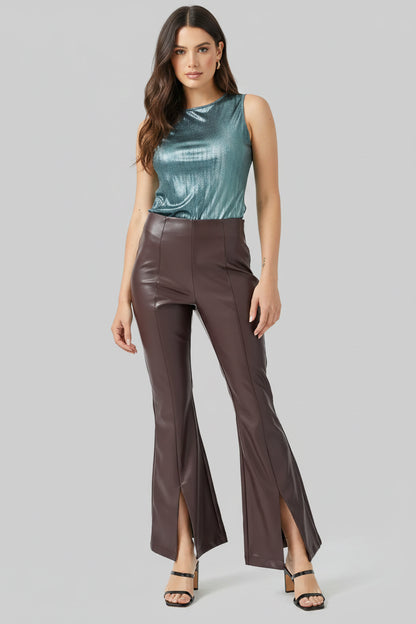 ZERXHIDE Women's Brown Leather Flare Pants – High Waist Seam Panel with Front Slit Hem in Chocolate Brown ZerxHide