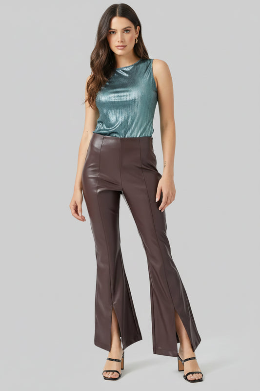 ZERXHIDE Women's Brown Leather Flare Pants – High Waist Seam Panel with Front Slit Hem in Chocolate Brown ZerxHide