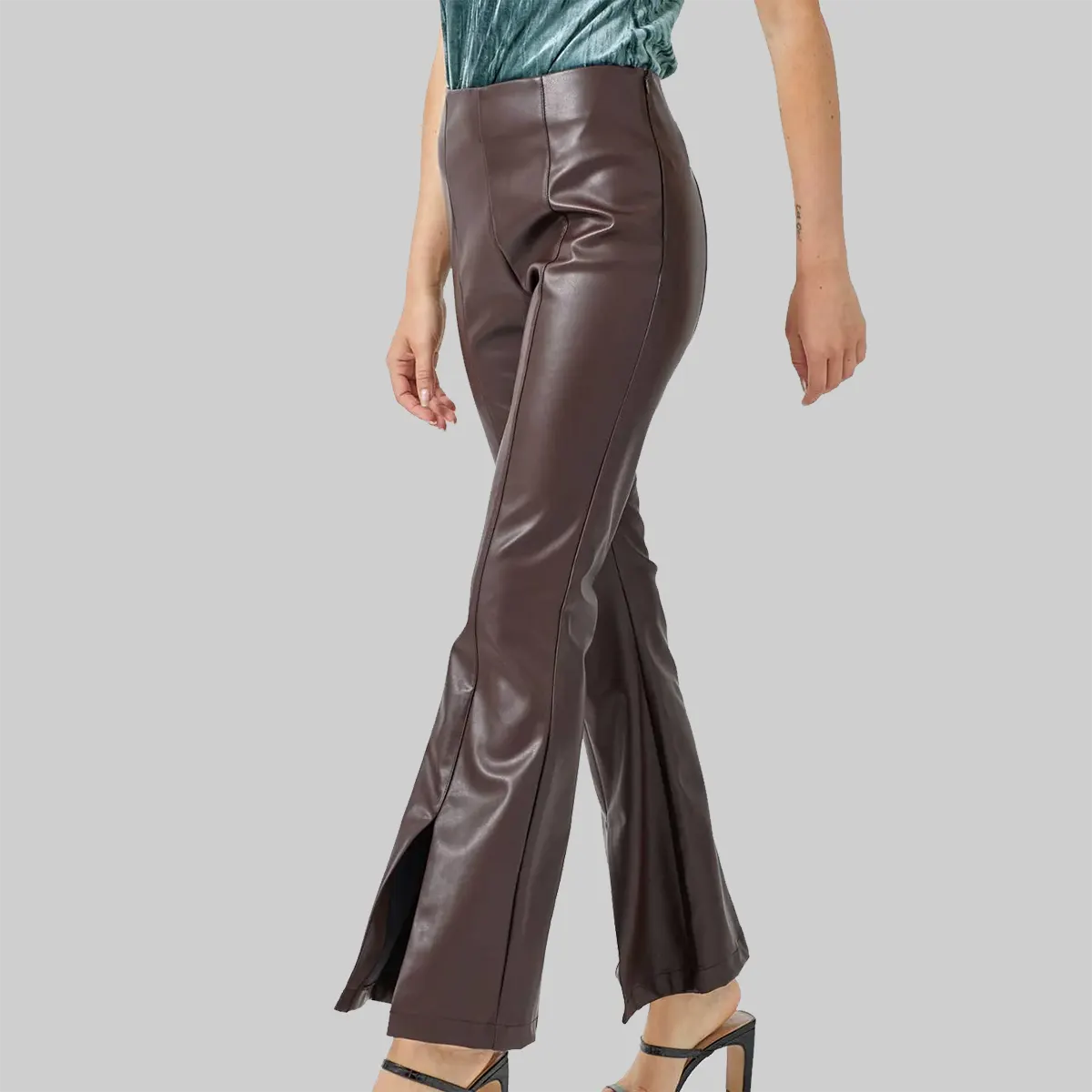 ZERXHIDE Women's Brown Leather Flare Pants – High Waist Seam Panel with Front Slit Hem in Chocolate Brown ZerxHide