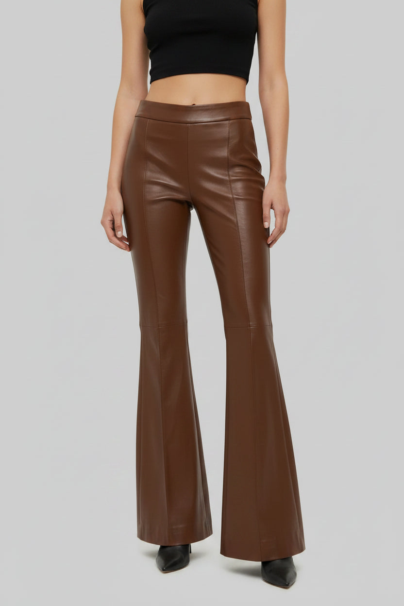 ZERXHIDE Women's Brown Leather Flared Pants – High Waist Bell-Bottom with Seam Panel in Chocolate Brown ZerxHide