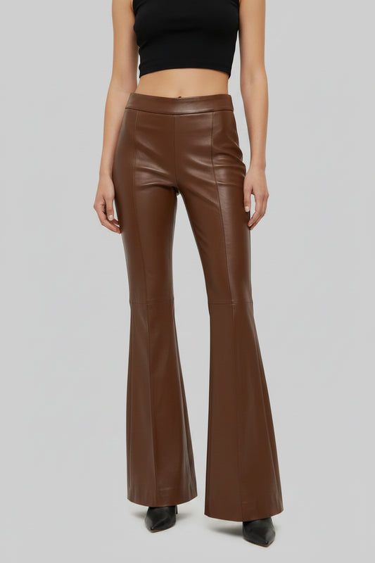 ZERXHIDE Women's Brown Leather Flared Pants – High Waist Bell-Bottom with Seam Panel in Chocolate Brown ZerxHide