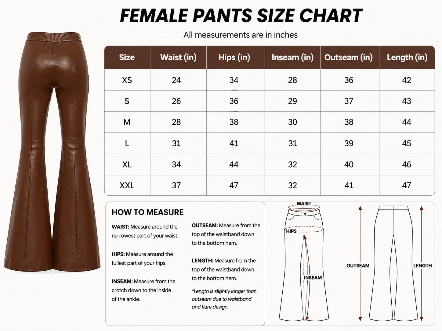 ZERXHIDE Women's Brown Leather Flared Pants – High Waist Bell-Bottom with Seam Panel in Chocolate Brown ZerxHide