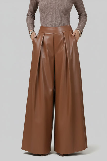 ZERXHIDE Women's Brown Leather Palazzo Pants – High Waist Pleated Wide Leg in Chocolate Brown ZerxHide