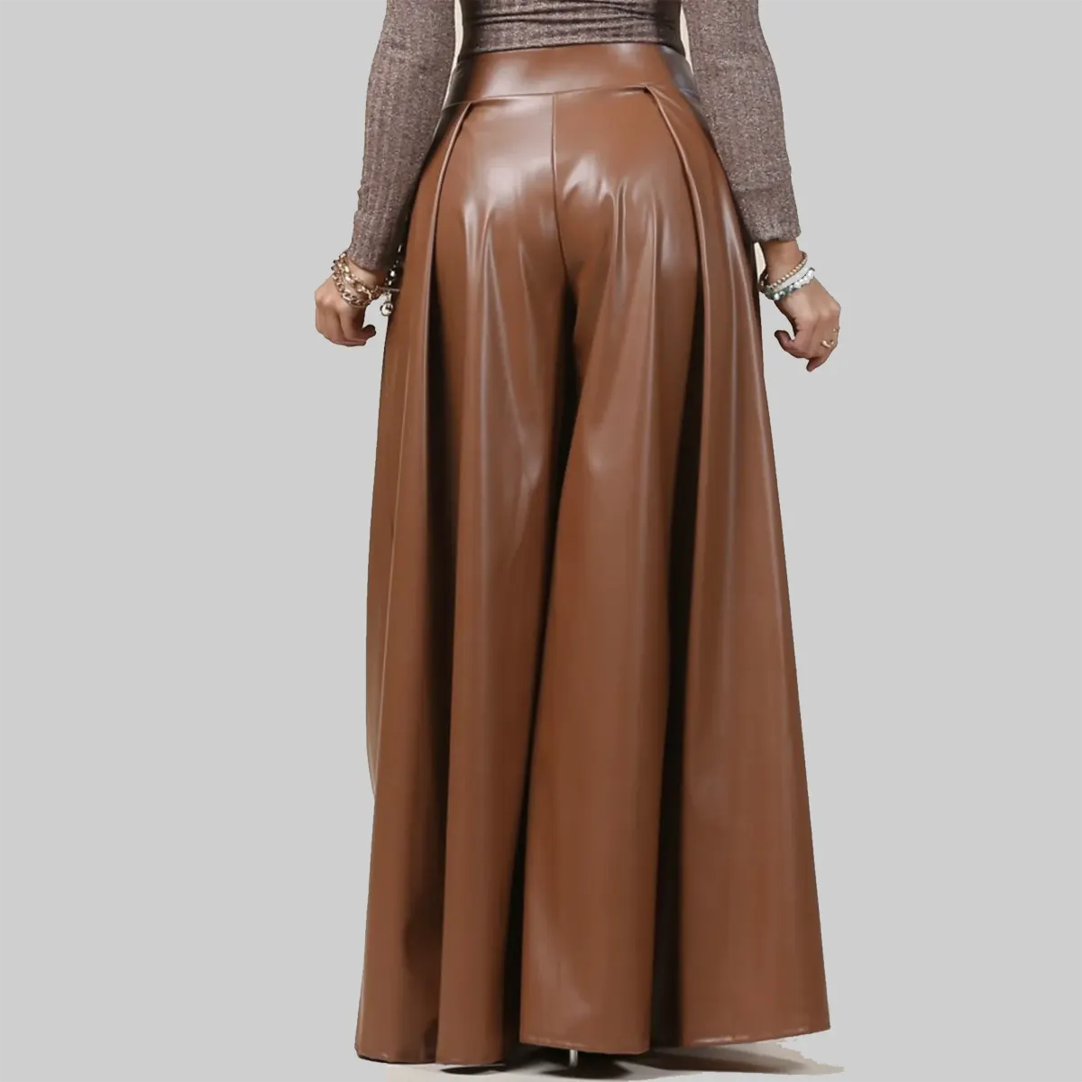 ZERXHIDE Women's Brown Leather Palazzo Pants – High Waist Pleated Wide Leg in Chocolate Brown ZerxHide