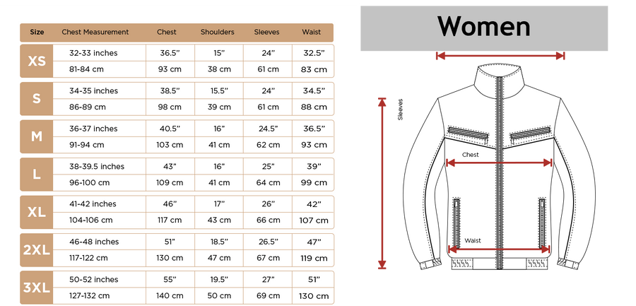 Size chart for women's jackets with measurements in inches and centimeters.