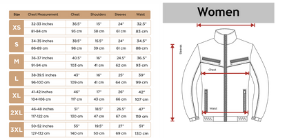 Size chart for women's jackets with measurements in inches and centimeters.
