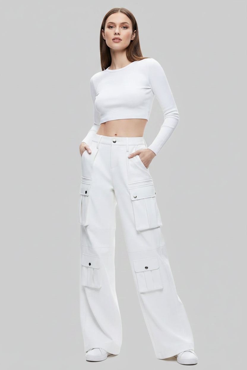 ZERXHIDE Women's White Leather Wide Leg Cargo Pants – Eight-Pocket High Waist Button-Zip Fly ZerxHide