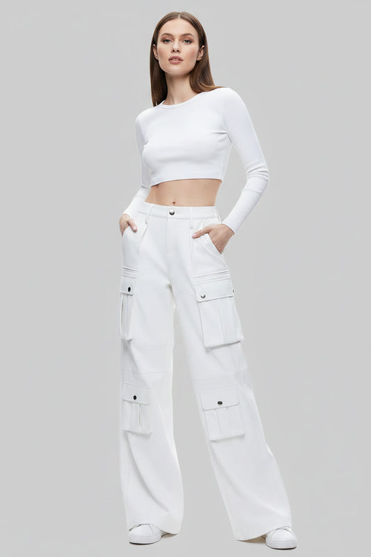 ZERXHIDE Women's White Leather Wide Leg Cargo Pants – Eight-Pocket High Waist Button-Zip Fly ZerxHide