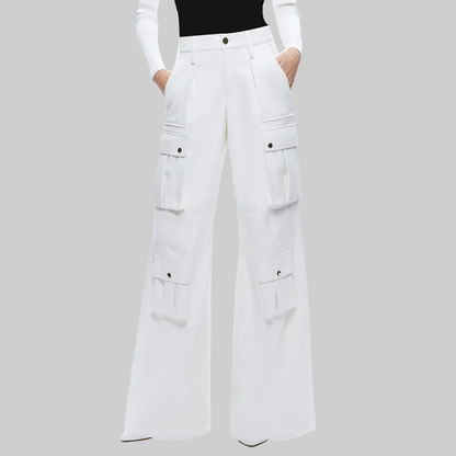 ZERXHIDE Women's White Leather Wide Leg Cargo Pants – Eight-Pocket High Waist Button-Zip Fly ZerxHide