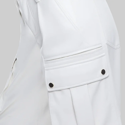 ZERXHIDE Women's White Leather Wide Leg Cargo Pants – Eight-Pocket High Waist Button-Zip Fly ZerxHide