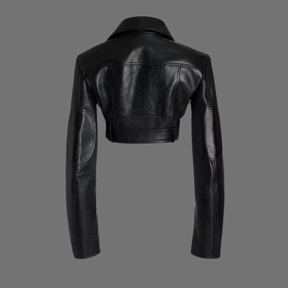 Black Cropped Leather Jacket Women - Belted Moto Style Streetwear & Outerwear, Handmade ZerxHide