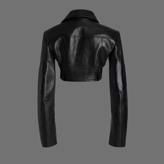 Black Cropped Leather Jacket Women - Belted Moto Style Streetwear & Outerwear, Handmade ZerxHide