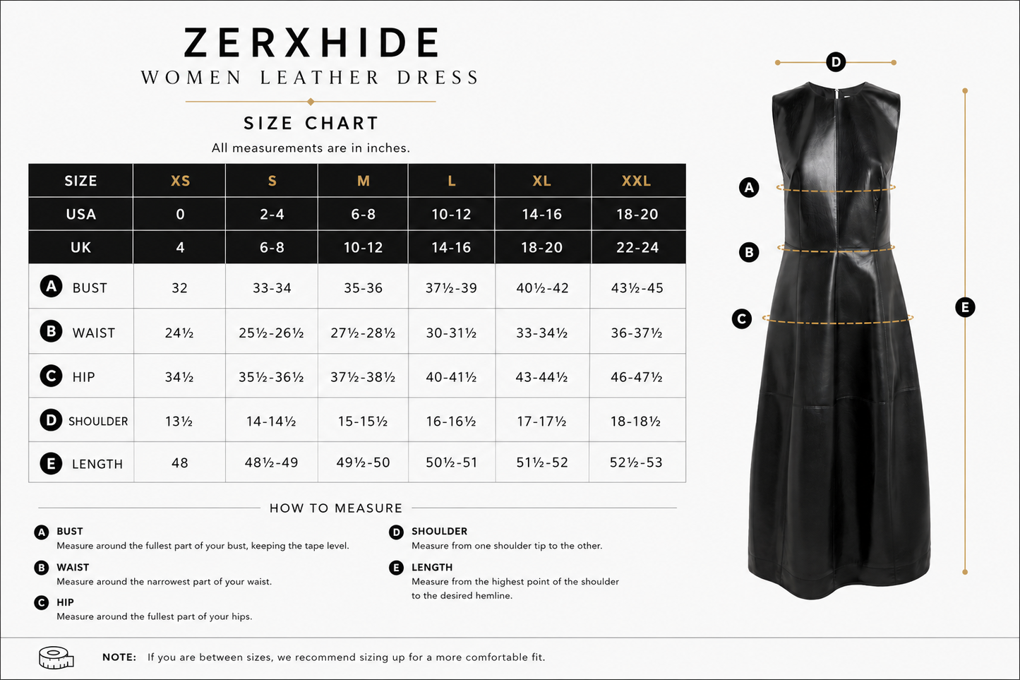 Zerxhide women's leather dress size chart with measurements and a black dress illustration.
