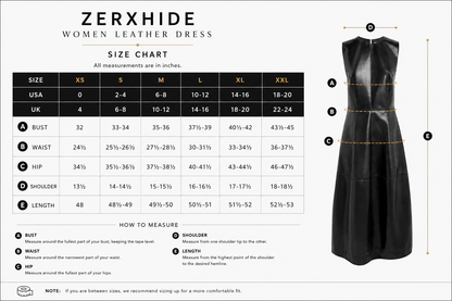 Zerxhide women's leather dress size chart with measurements and a black dress illustration.