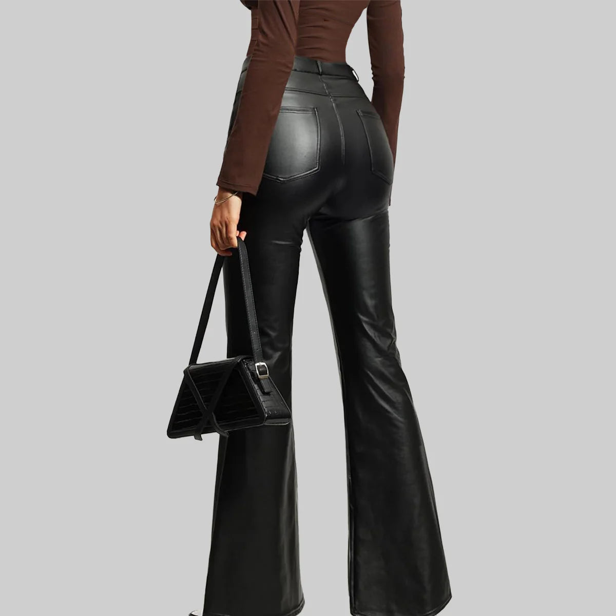 ZERXHIDE Women's Black Leather Bootcut Flare Pants – Four-Pocket Mid-Rise with Button-Zip Fly in Black ZerxHide