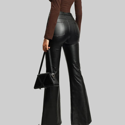 ZERXHIDE Women's Black Leather Bootcut Flare Pants – Four-Pocket Mid-Rise with Button-Zip Fly in Black ZerxHide
