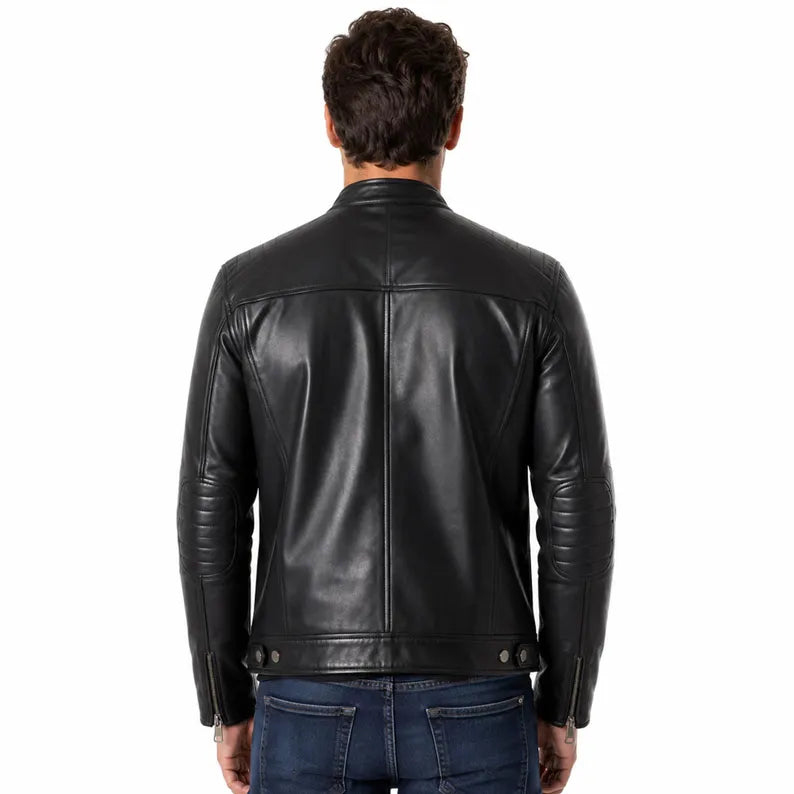 Man wearing a black leather jacket on a white background