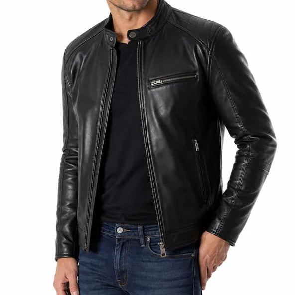 Man wearing a black leather jacket on a white background