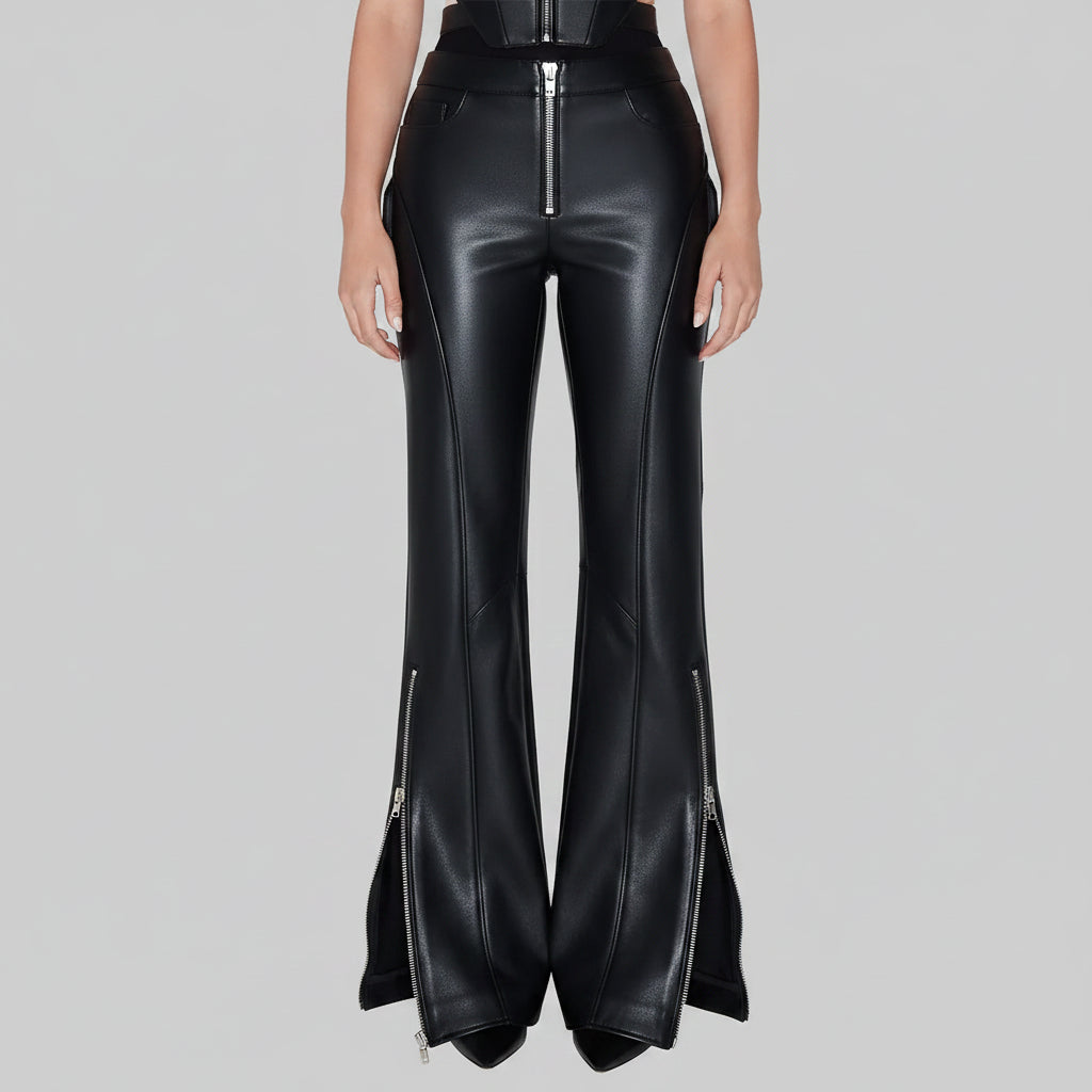 ZERXHIDE Maxine Women's Black Leather Flare Pants – Six-Pocket High Waist with Dual Ankle Zip ZerxHide