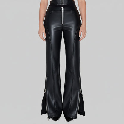ZERXHIDE Maxine Women's Black Leather Flare Pants – Six-Pocket High Waist with Dual Ankle Zip ZerxHide