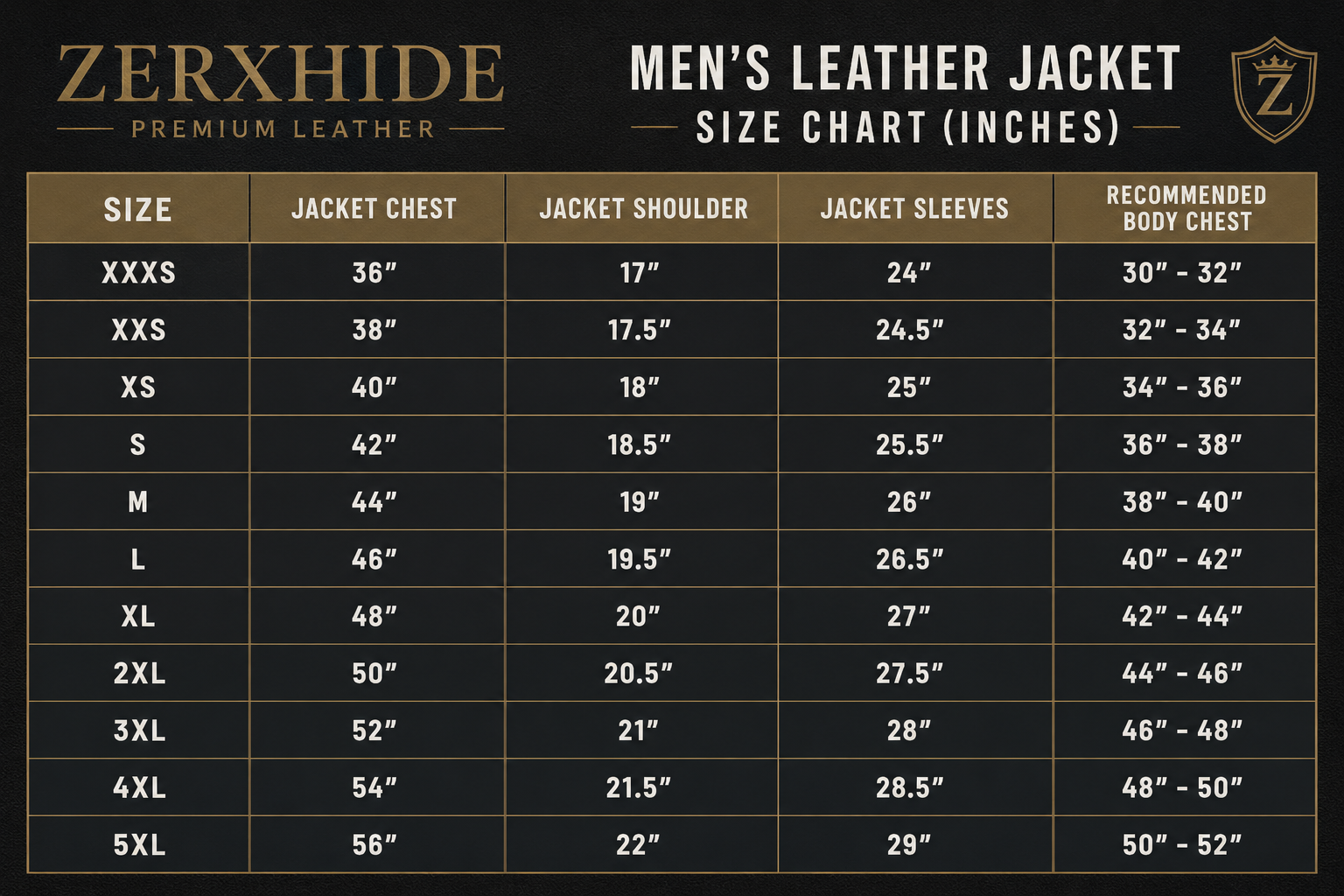 Zerxhide men's leather jacket size chart on a black background
