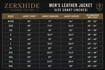 Zerxhide men's leather jacket size chart on a black background