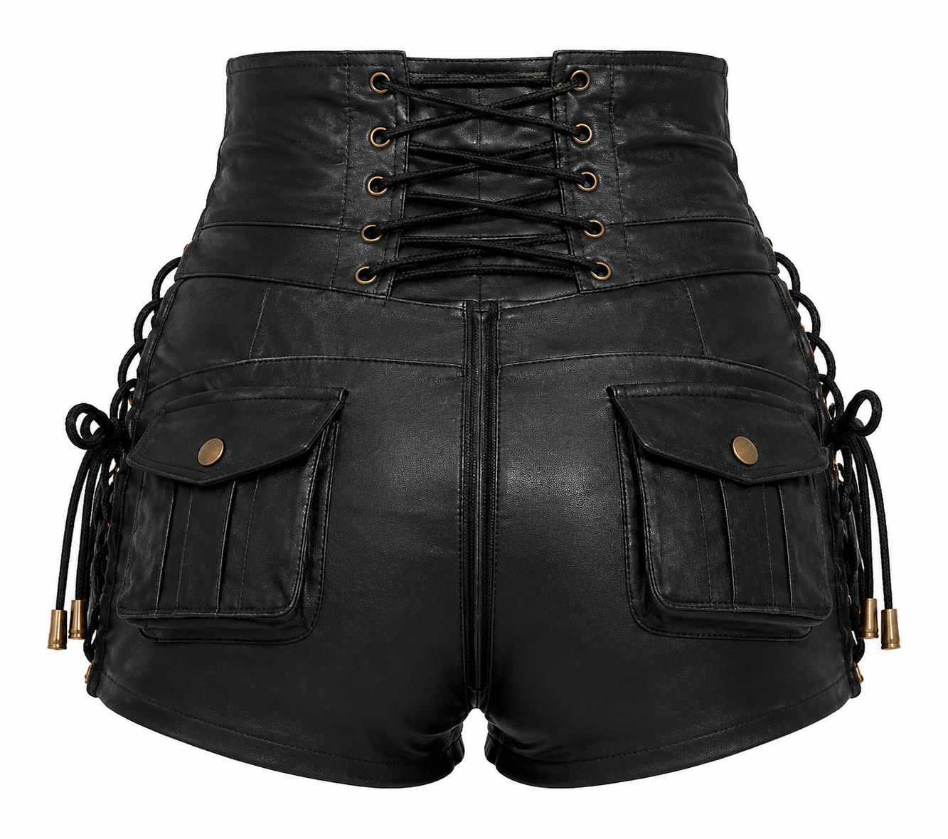 Black leather shorts with lace-up front and side pockets on a white background