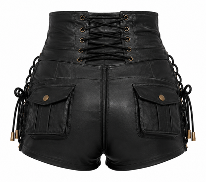 Black leather shorts with lace-up front and side pockets on a white background