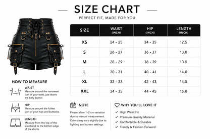 Size chart for black shorts with measurement guide and product details.