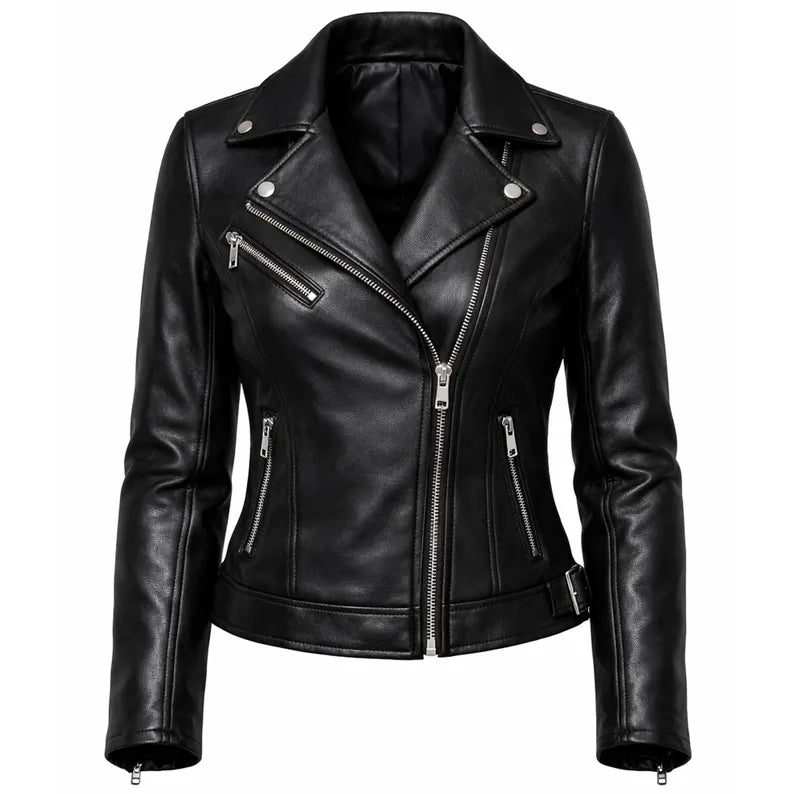 Black leather jacket with zippers on a white background
