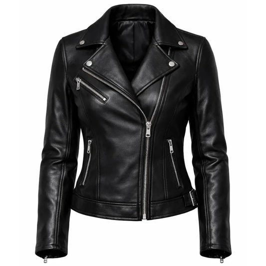 Black leather jacket with zippers on a white background