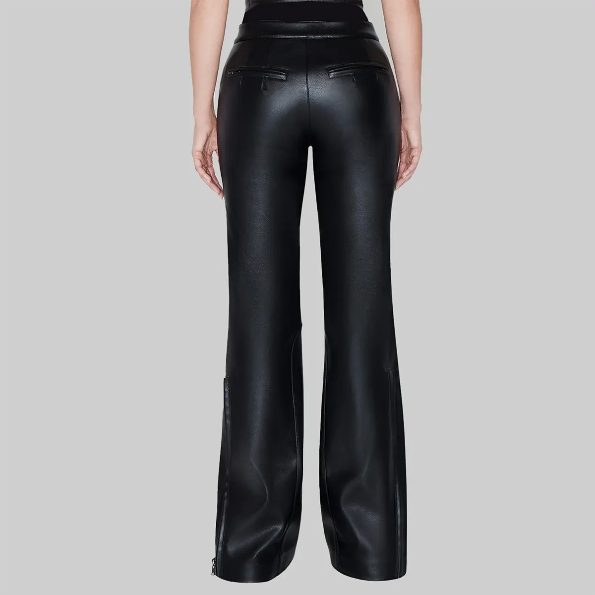 ZERXHIDE Maxine Women's Black Leather Flare Pants – Six-Pocket High Waist with Dual Ankle Zip ZerxHide
