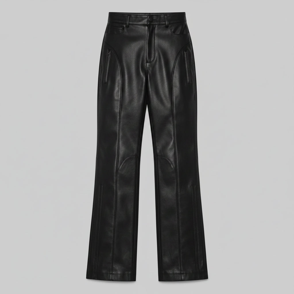 ZERXHIDE Maxine Women's Black Leather Flare Pants – Six-Pocket High Waist with Dual Ankle Zip ZerxHide