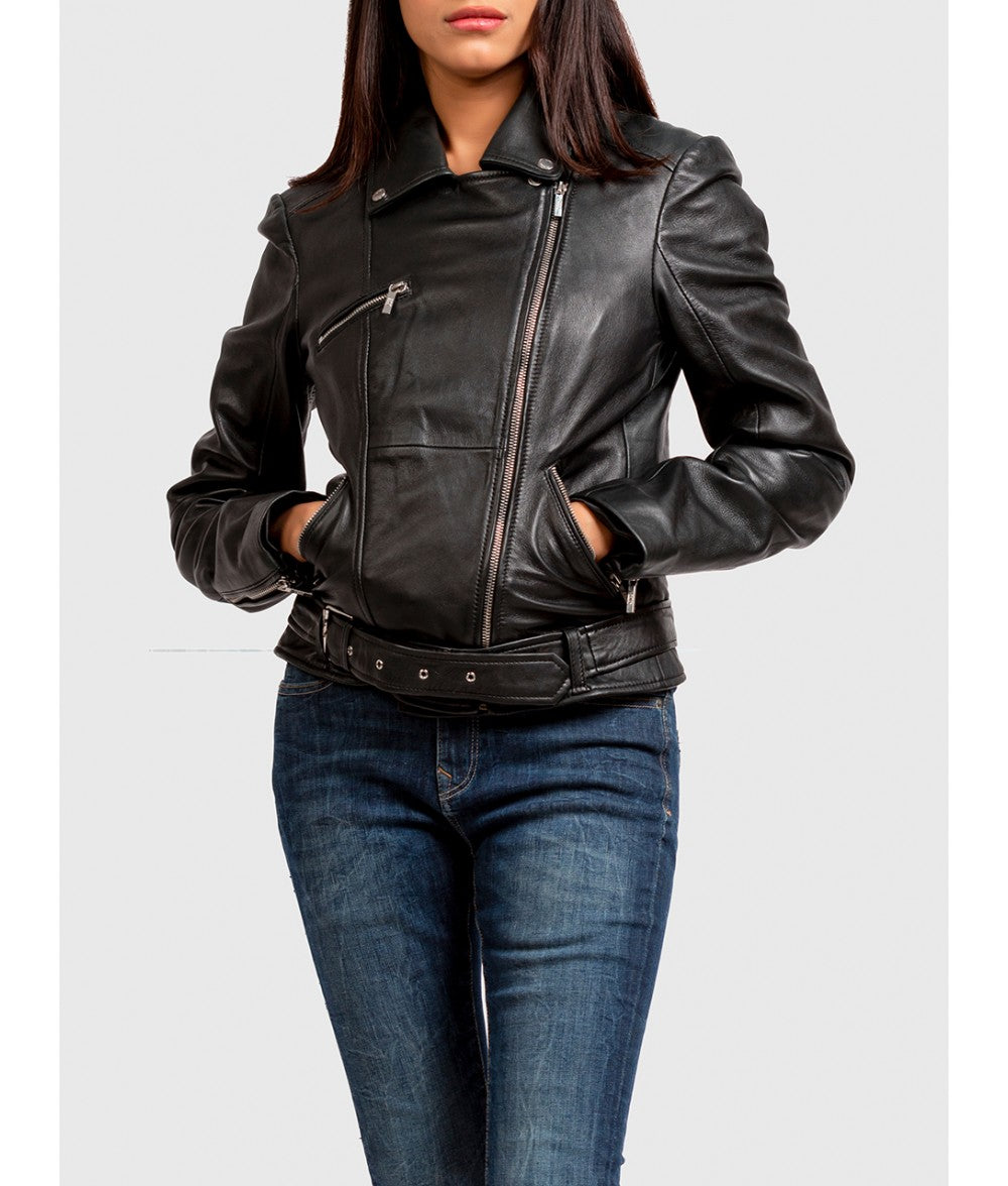 ZERXHIDE Women's Biker Leather Jacket – Classic Black ZerxHide