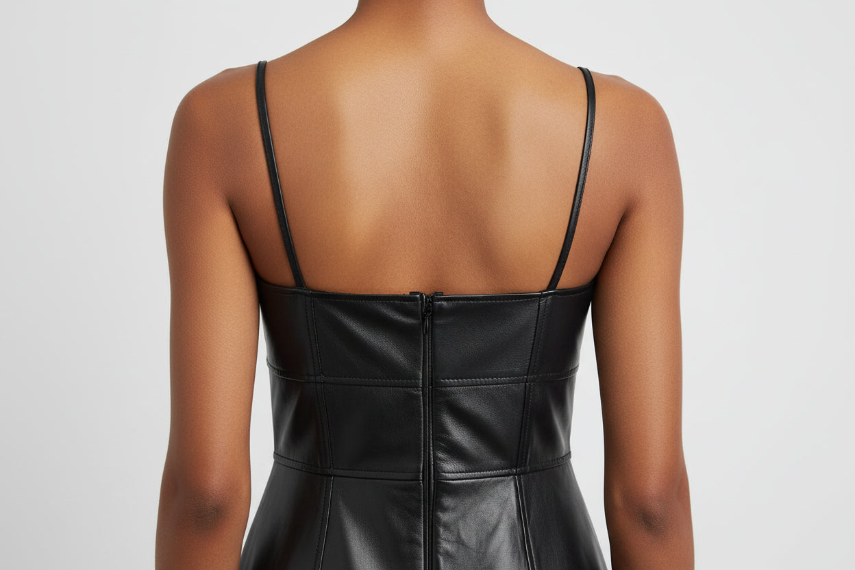 Black leather dress with thin straps on a neutral background