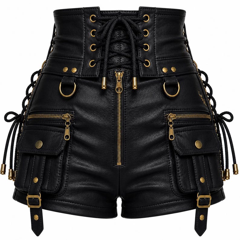 Black leather shorts with gold zippers and accents on a white background