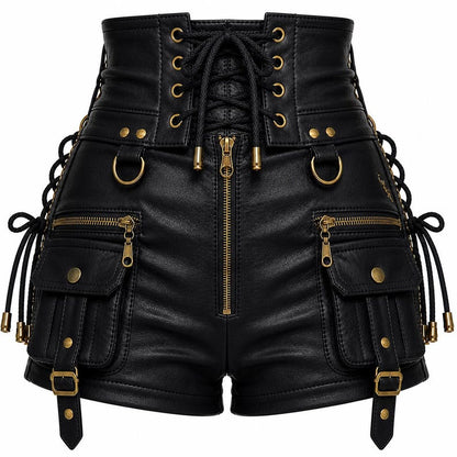 Black leather shorts with gold zippers and accents on a white background
