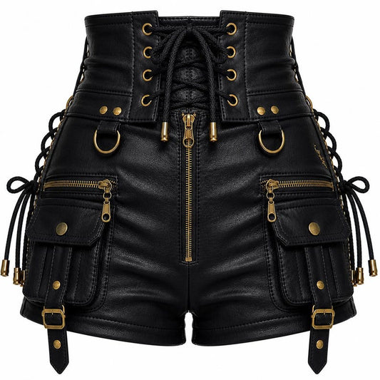 Black leather shorts with gold zippers and accents on a white background