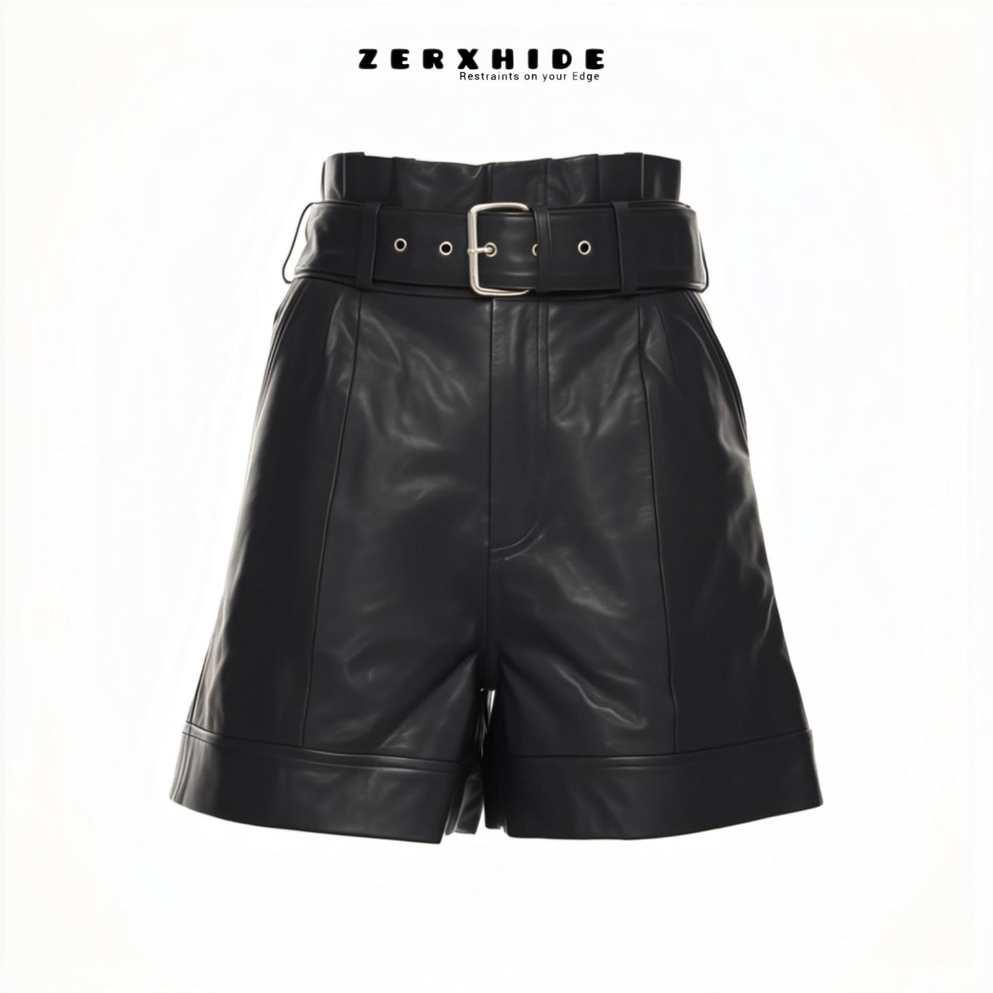 ZERXHIDE black leatherette shorts — front view with wide silver buckle belt and cuffed hem, high-waisted