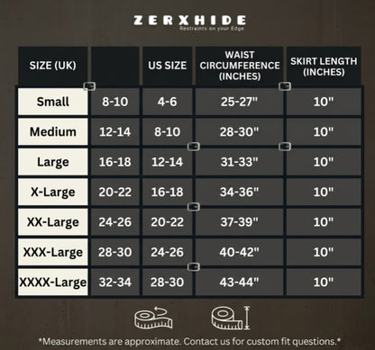 ZERXHIDE Leather skirt size chart showing UK and US sizing with waist circumference.