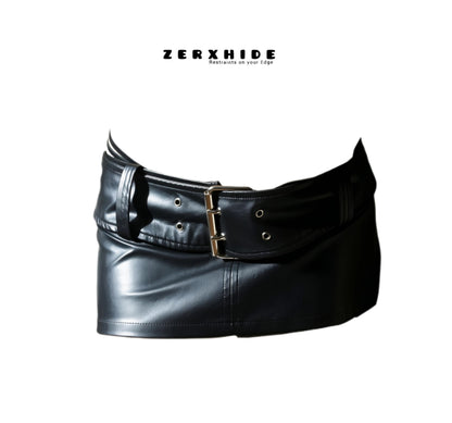 Close-up of a ZERXHIDE black genuine cowhide leather skirt featuring a large double-prong buckle.