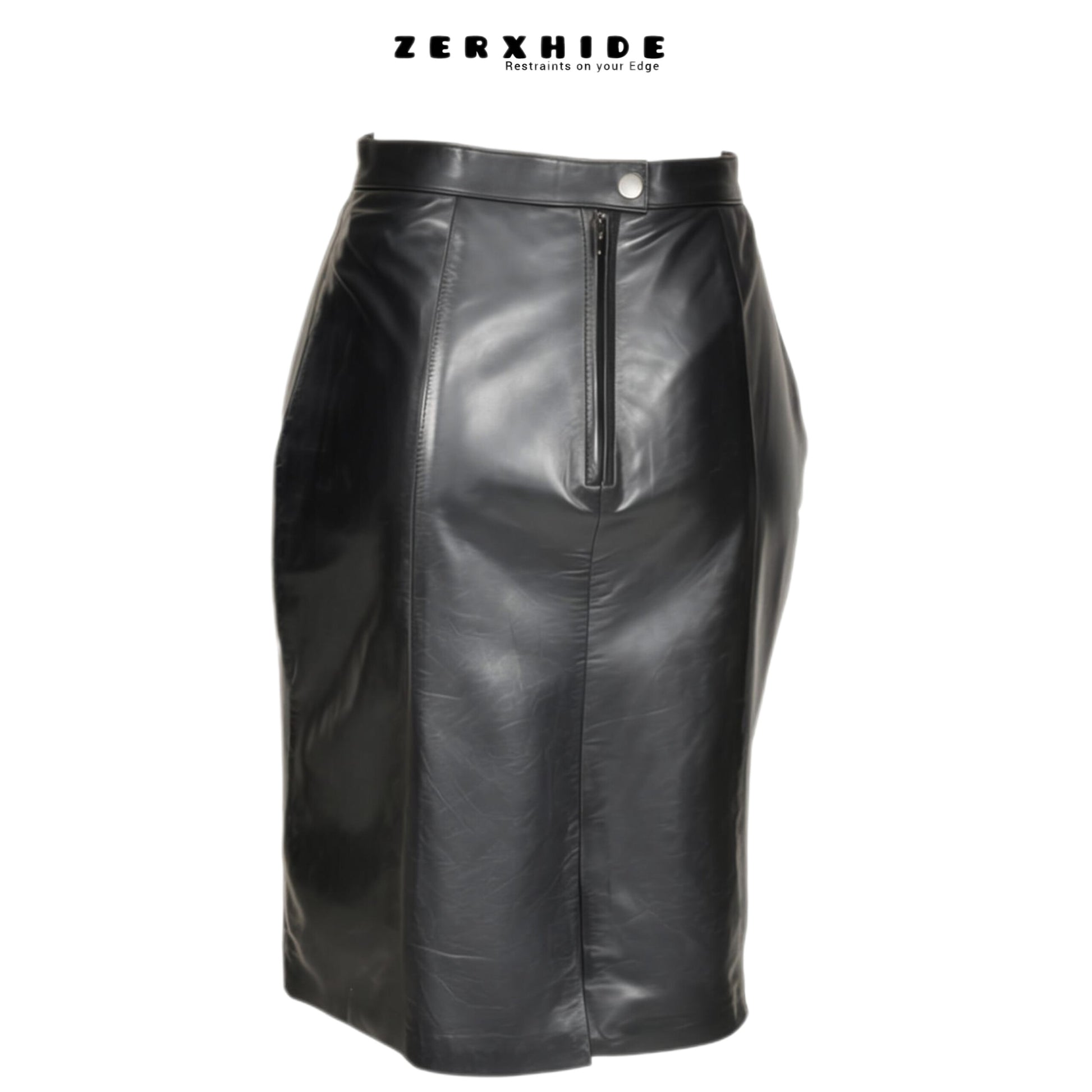 ZERXHIDE black leather skirt — zip and silver snap button detail, Napa lambskin midi skirt side angle