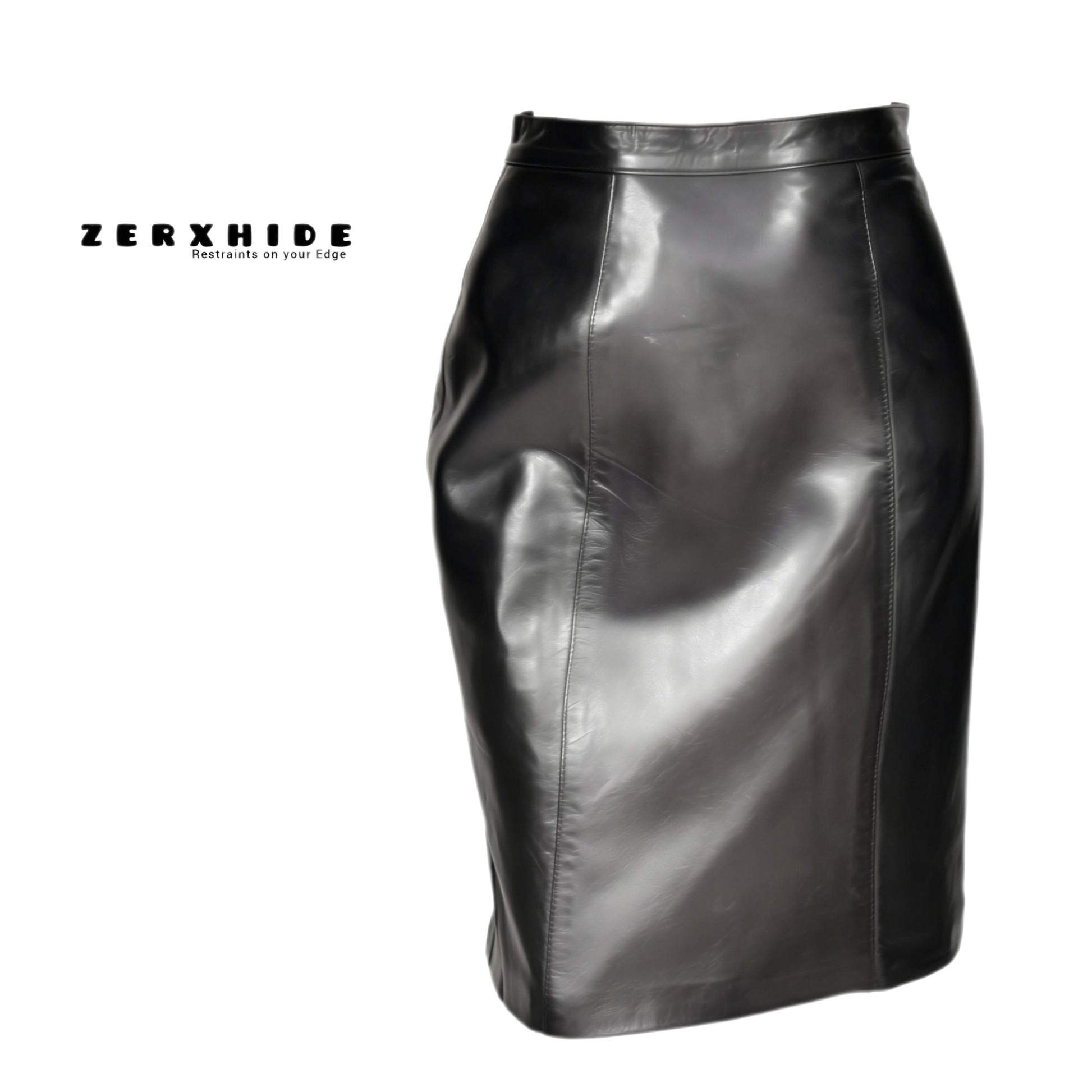 ZERXHIDE black Napa lambskin leather skirt — front flat lay, glossy finish, high-waisted midi length