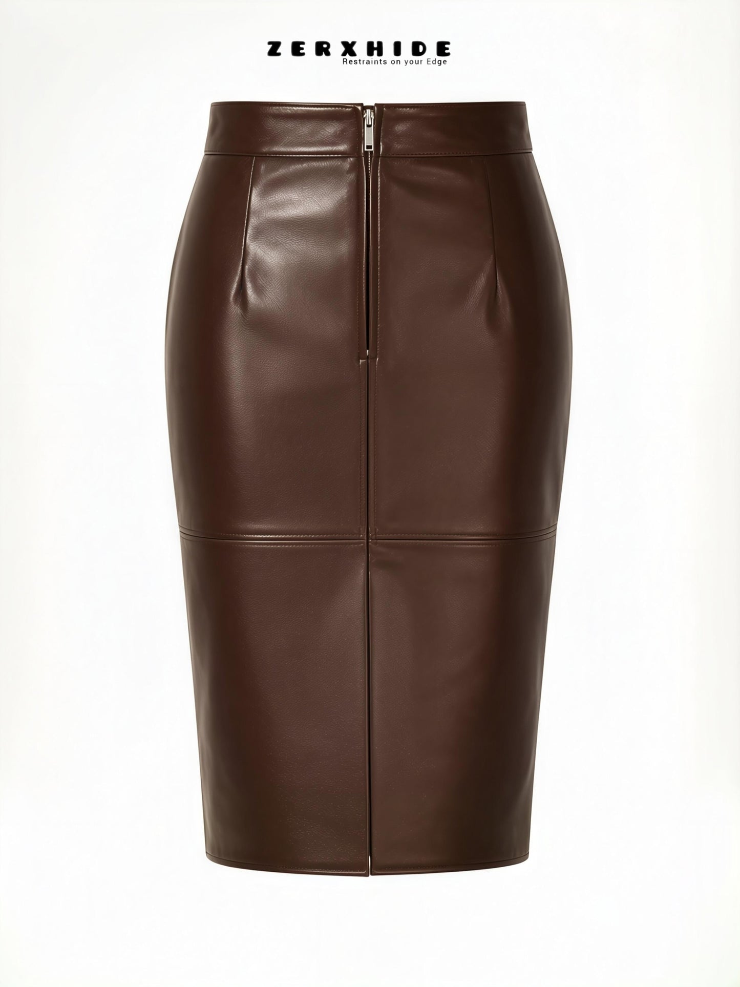 ZERXHIDE brown leather pencil skirt — rear zip detail, high-waisted midi silhouette, front view