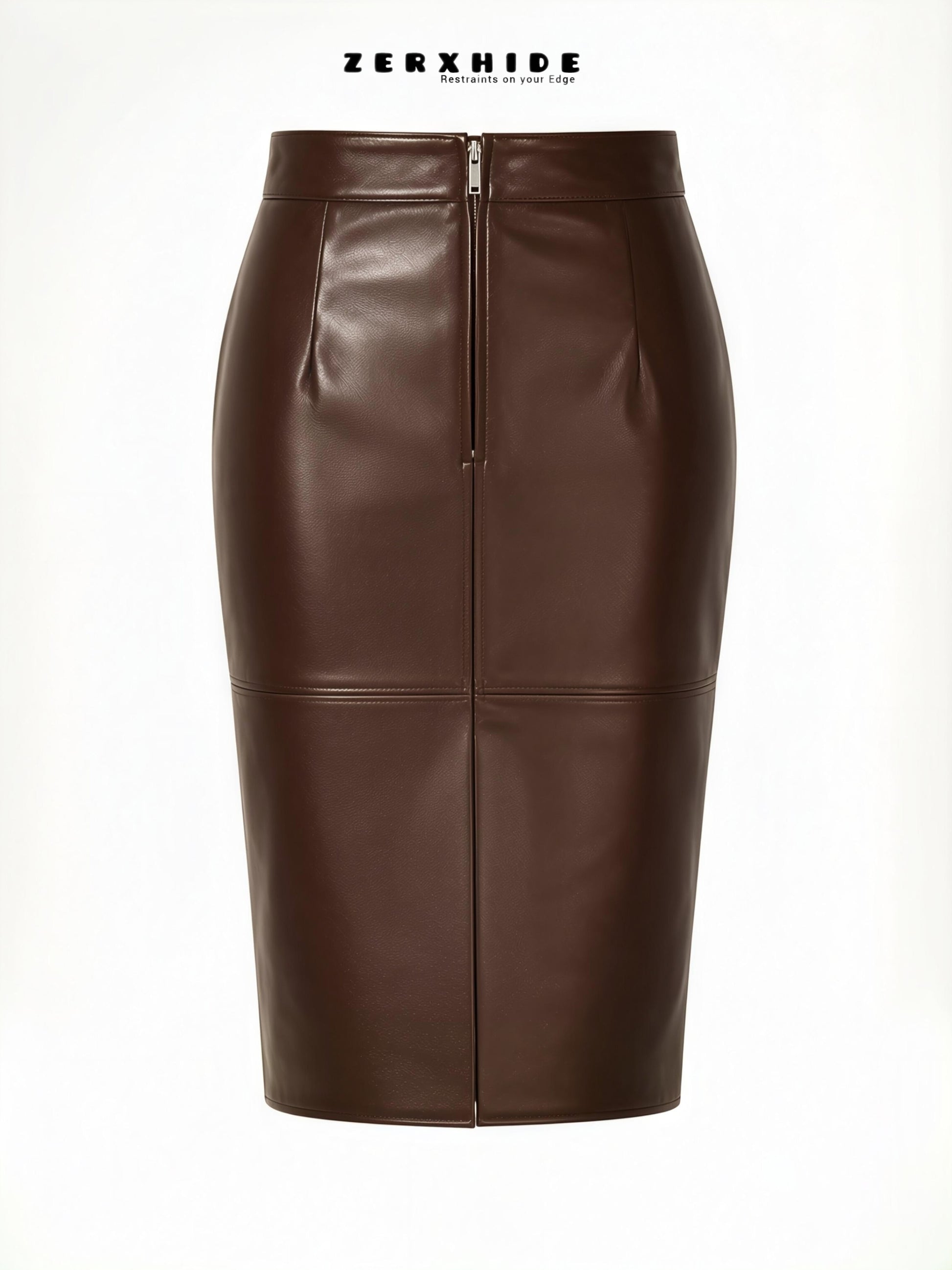 ZERXHIDE brown leather pencil skirt — rear zip detail, high-waisted midi silhouette, front view