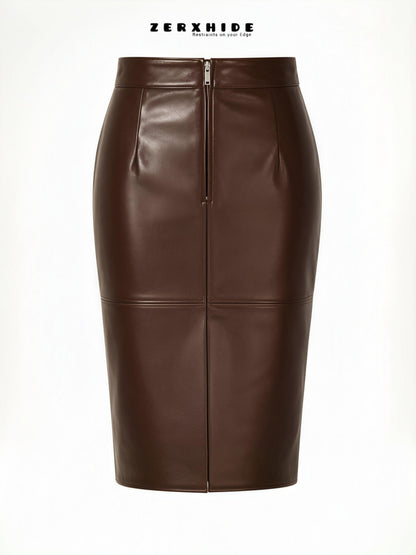 ZERXHIDE brown leather pencil skirt — rear zip detail, high-waisted midi silhouette, front view