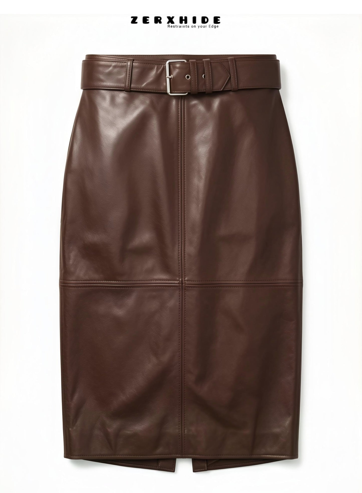 ZERXHIDE brown leather pencil skirt with silver buckle belt — structured midi pencil skirt flat lay